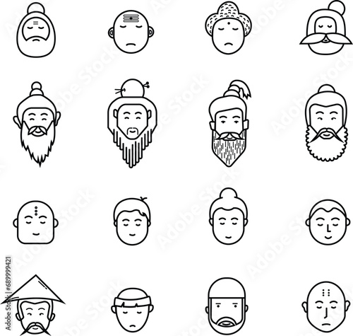 Set of Monk Faces Icons with editable stroke. Holy persons of various religions like Buddhist monk, Rishi muni, Shaolin monk, Priest and Preacher