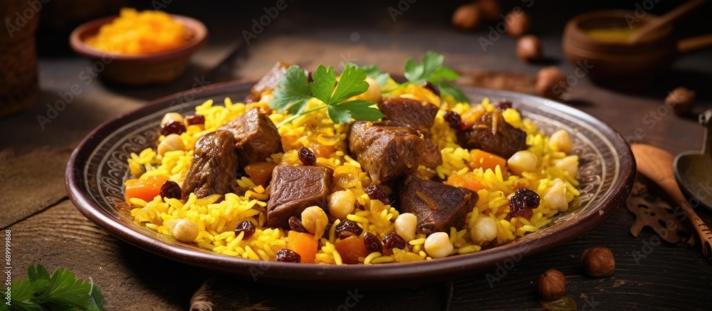 Traditional oriental pilaf with lamb, rice, yellow carrots, garlic, raisins, chickpeas, and turmeric served on a plate with a Uzbek pattern. Traditional oriental pilaf with lamb, rice, yellow carrots, garlic, raisins, chickpeas, and turmeric served on a plate with a Uzbek pattern.