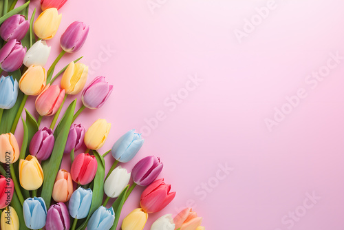 Many colorful tulip flowers on side of pastel pink background with copy space photo