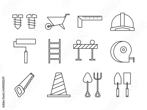 Construction Tools Icon Line Art Style Illustration. Construction Equipment Collection, Perfect for Designs With Carpentry or Construction Themes, Home and Building Renovations and Heavy Equipment