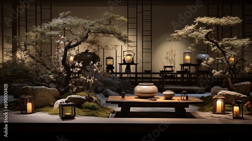 An artistic arrangement of Zen decor in the sleeping sanctuary, featuring bonsai trees, Zen garden elements, and Japanese ceramics that enhance the overall sense of tranquility and mindfulness.