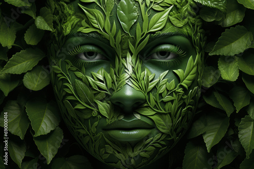 Leaves creatively shape a woman's face, presenting a harmonious pattern with diverse shades that imbue depth, carrying a message rooted in nature and the environment