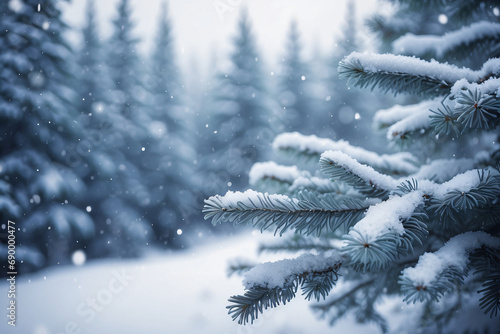 Snow covered fir branches, snowdrift against defocused blurred forest and falling snow. © StockArtEmpire.AI