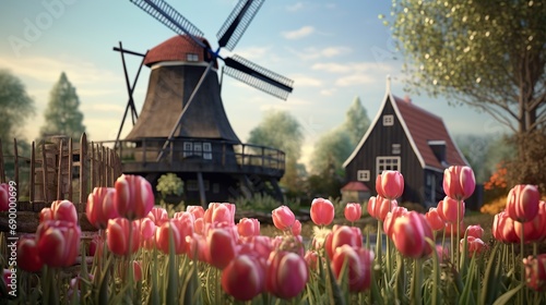 Landscape Photo of tulip bouquet in garden and windmill photo