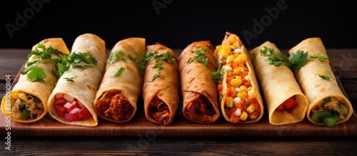Rolled corn tortilla with various fillings, called Flautas, a popular Mexican dish named Tacos Dorados.