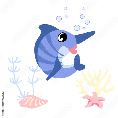 Cute swordfish with bubbles, starfish and clam, coral underwater. Sea life character vector illustration.