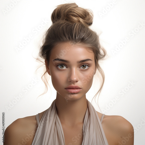 close-up of a beautiful girl with hair tied back on a white background, showcasing elegance, ai technology