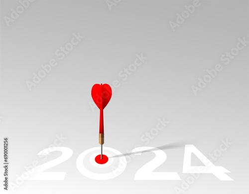 Red dart hit to center of dartboard between number. 2024 New Year with 3d target and goals. Arrow on bullseye in target for new year 2023. Business success, strategy, achievement, purpose concept photo
