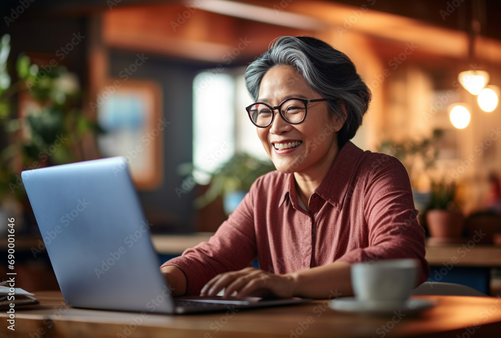 Attractive mature asian woman sitting in front of a laptop smiling Attractive mature asian woman sitting in front of a laptop smiling