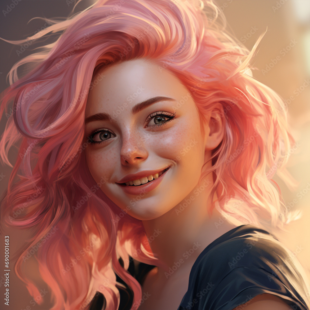 Cute smiling girl with pink hair closeup, ai technology