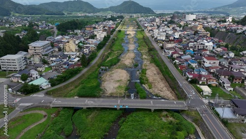 Yamanochi town and Yomase river, summer in Japan - descending tilt drone shot photo