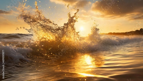 太陽光が差す打ち寄せる波と飛び散る水滴のAI画像