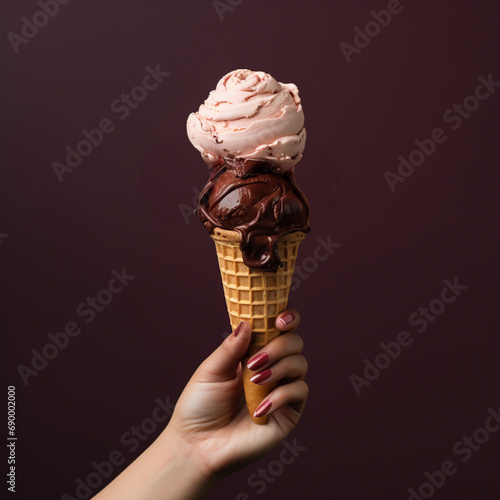 female Hand holding chocolate ice cream cone, ai technology