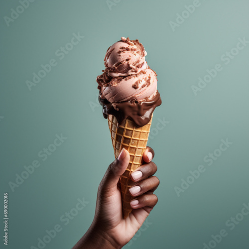 female Hand holding chocolate ice cream cone, ai technology