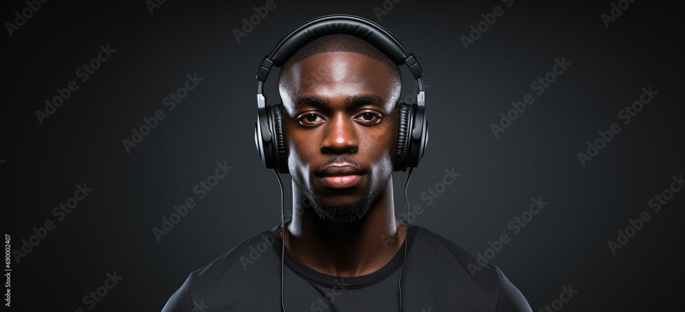 a black man wearing headphones and a black shirt a black man wearing headphones and a black shirt