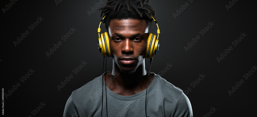 a black man wearing headphones and a black shirt