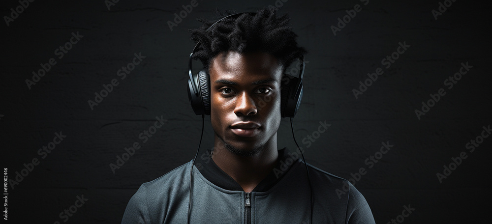 a black man wearing headphones and a black shirt