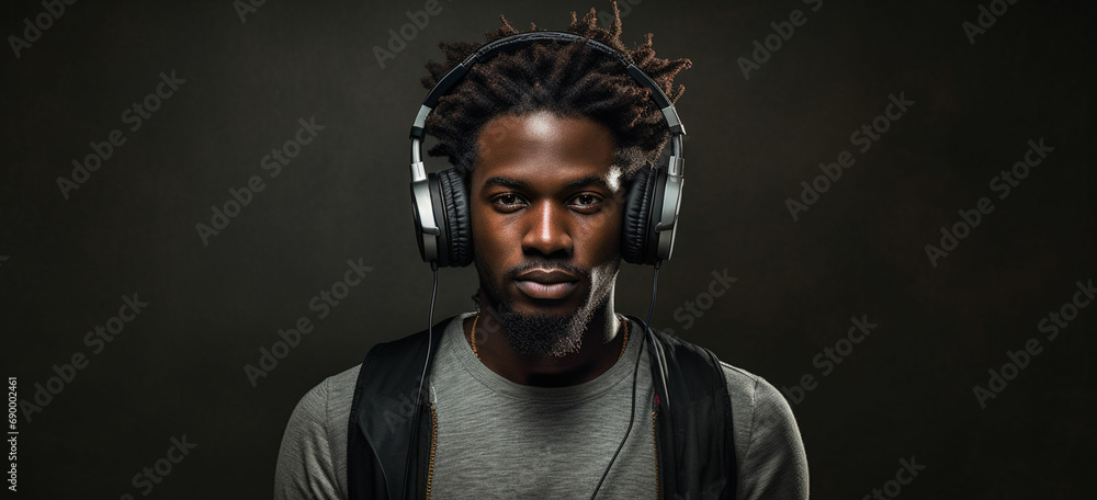 a black man wearing headphones and a black shirt a black man wearing headphones and a black shirt