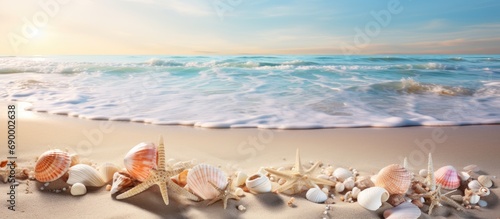 The clear coastal waters display an enchanting scene of sandy beach, seashells, and ocean creatures, providing a peaceful escape.