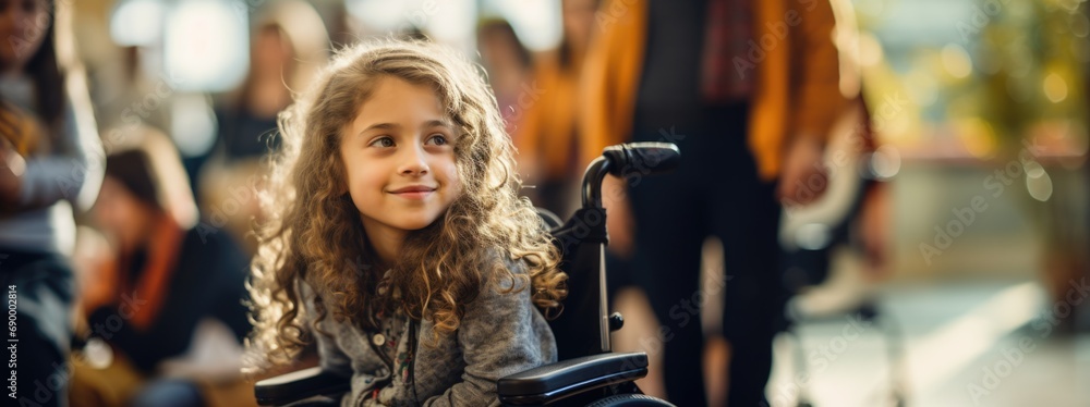 Contemplative girl in wheelchair, social setting