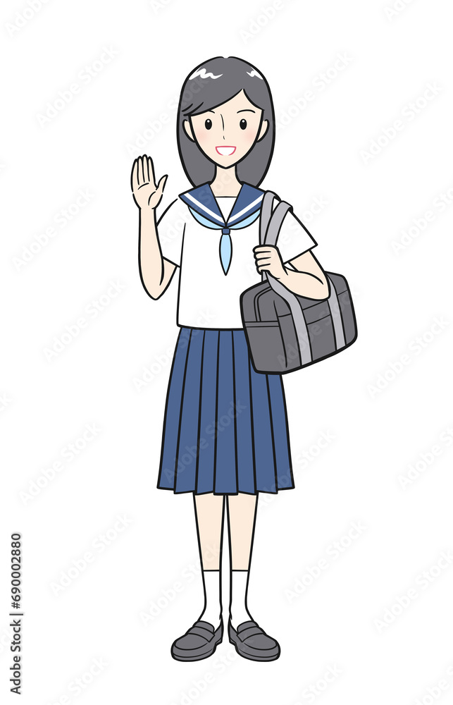 手を上げて挨拶をする夏の制服を着た女子学生