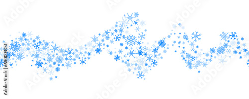 Snowflakes vector background. Winter holiday wavy decor with blue crystal elements. Graphic icy frame isolated on white backdrop.