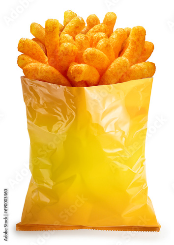 Puffed corn snacks cheesy in yellow plastic snack bags isolated on white background, Puff corn or Corn puffs cheese flavor on white With clipping path.