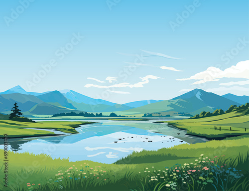 serene landscape beautiful scene evening lake colorful green lush summer mountains forest vector illustration banner