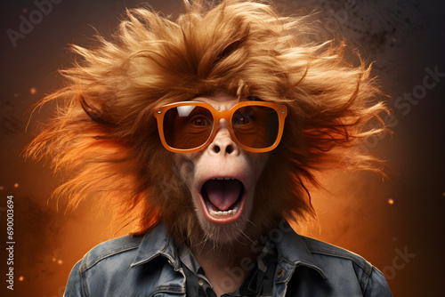 funny studio portrait of monkey wearing sunglasses photo