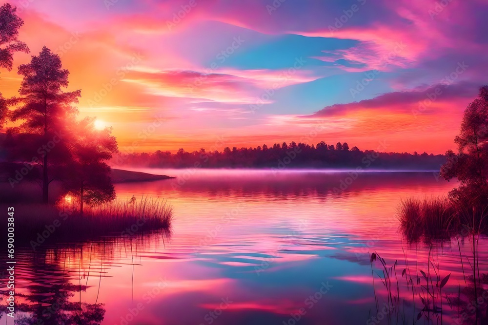 Illustrative digital art portraying a dreamy sunset scene over a Minnesota lake, blending photography and digital techniques to enhance the ethereal atmosphere