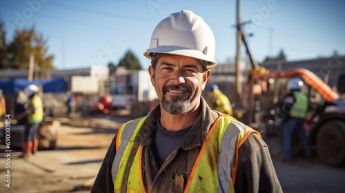 Portrait of a skilled construction worker smiling, with a construction site and equipment in the background © Emil
