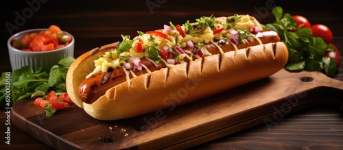 Ideal hot dog accompanied by mashed potatoes and vinaigrette, served on a wooden cutting board.