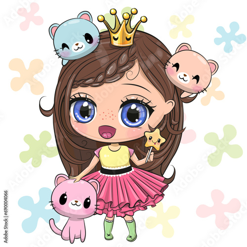 Cartoon anime Princess with three kittens