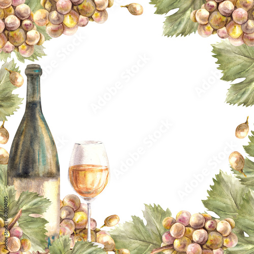 Fototapeta Naklejka Na Ścianę i Meble -  Watercolor frame bunch of green grapes, leaves and grape berry with glass and bottle of white wine Grapevine label hand painted illustration For wine list, restaurant, bar Isolated on white background
