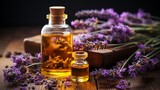 Aromatic lavender oil in a bottle with lavender flowers