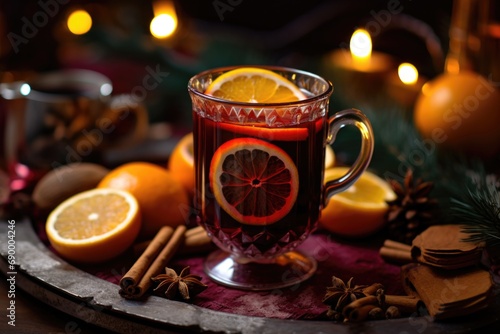 Close-up of Christmas red wine with mulled wine  decorated with spices and citrus fruits