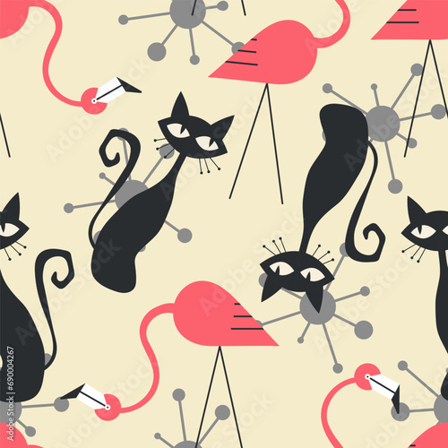 1950s Mid Century Modern Atomic Flamingos, Black Cats, Cosmic Starbursts seamless pattern. Retro fifties vector background