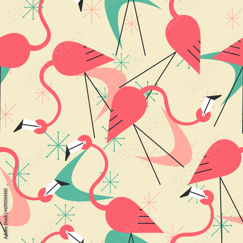 1950s Mid Century Modern Atomic Era Flamingos Cosmic Starbursts seamless pattern. Retro fifties vector background