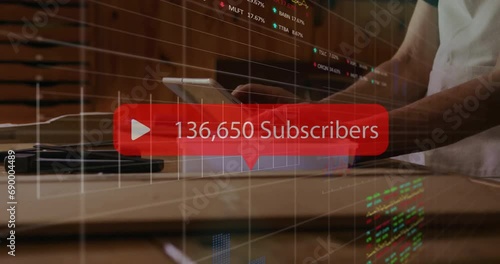 Animation of subscriber text with numbers, woman using smartphone and financial data processing