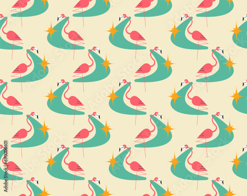 1950s Mid Century Modern Atomic Era Flamingos Cosmic Starbursts seamless pattern. Retro fifties vector background