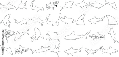 Illustration Vectorielle de Contours de Requins: Plongez dans les profondeurs avec cette illustration vectorielle frappante, présentant une variété de contours de requins dans des poses dynamiques. photo