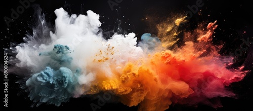 Abstract colored background capturing the explosion of white powder, reminiscent of the Holi festival, on a black backdrop.