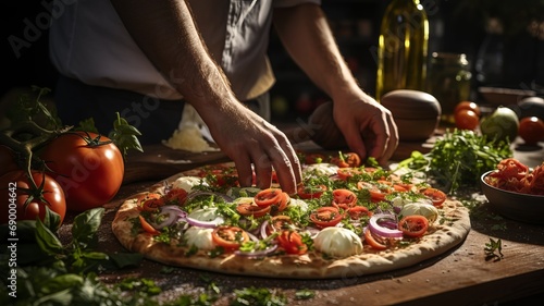 Pizza maker prepares fresh pizza in a pizzeria
