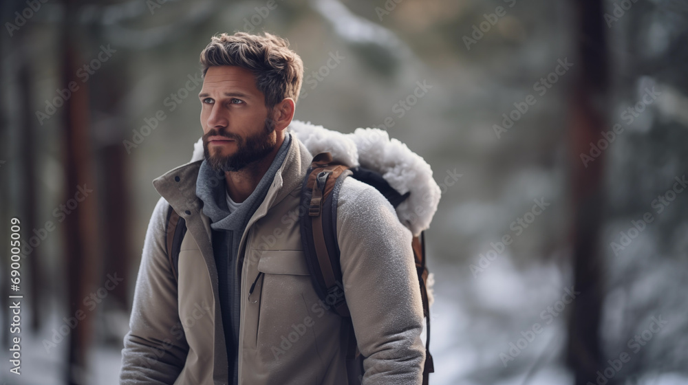 A man with a backpack walks in the winter forest. Snow-covered forest, beautiful Christmas trees. Beautiful winter landscape, cold nature. Stunning scenic view. Outdoor adventure. Generated AI A man with a backpack walks in the winter forest. Snow-covered forest, beautiful Christmas trees. Beautiful winter landscape, cold nature. Stunning scenic view. Outdoor adventure. Generated AI
