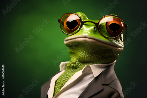 3D rendered funny studio portrait of frog wearing glasses