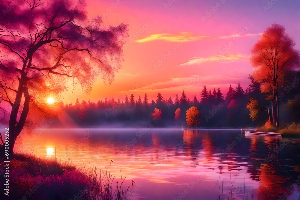 Illustrative digital art portraying a dreamy sunset scene over a Minnesota lake, blending photography and digital techniques to enhance the ethereal atmosphere