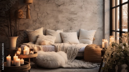 An artistic shot capturing the soft textures and cozy elements in the Scandinavian Chic Resting Place, emphasizing the hygge-inspired ambiance and the comfort of the resting space.