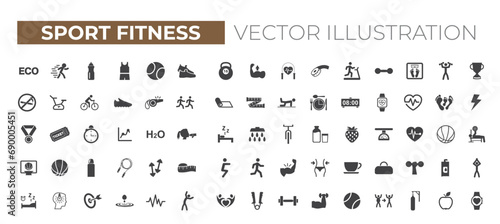 fitness and sport isolated icons set on white backgrounds. Healthy Lifestyle icons wellness relaxation health exercise yoga spa diet wellbeing collection. 