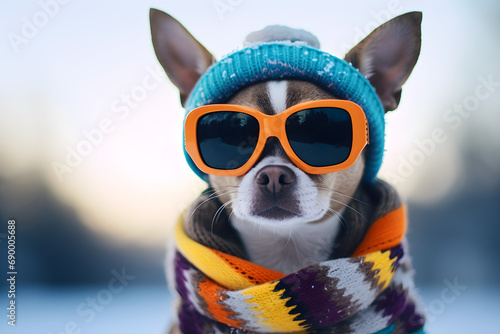 funny winter portrait of dog wearing woolly hat photo