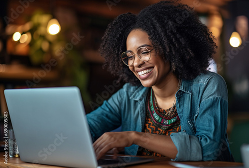 Attractive mature black woman sitting in front of a laptop smiling